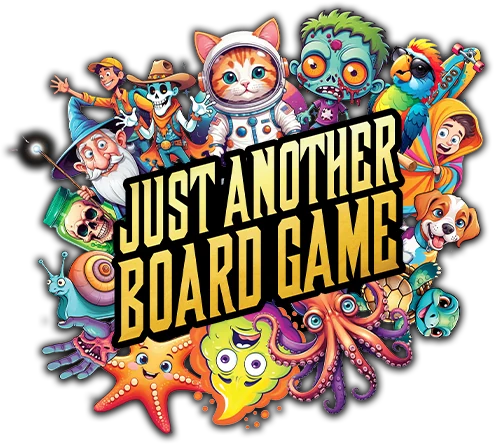Colorful cartoon collage around Just Another Board Game title lettering